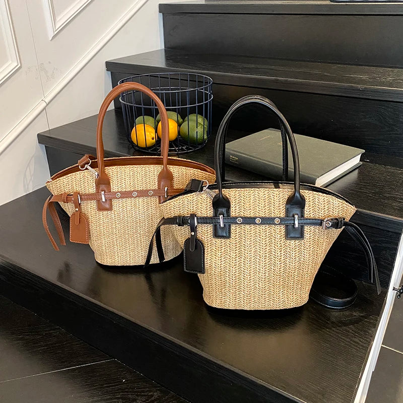 Sac Paille avec Détails Cuir