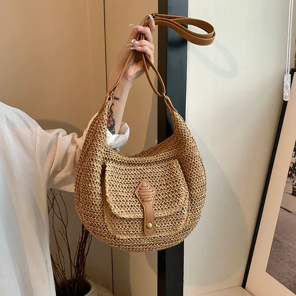 Cabas beige foncé paille papier anses-foulard - Sac cabas / Grand volume Femme Cabas beige foncé paille papier anses-foulard - Sac cabas / Grand volume Femme