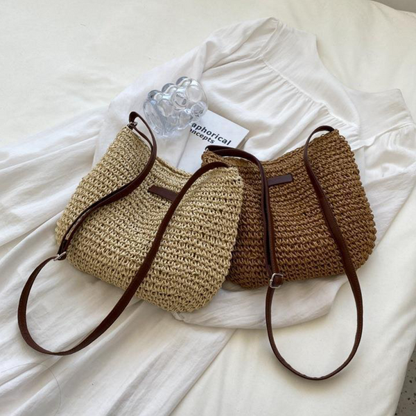 Sac Bandoulière En Paille Beige Et Marron - Fourre-tout Réglable Avec Fermeture Zippée, Taille Moyenne